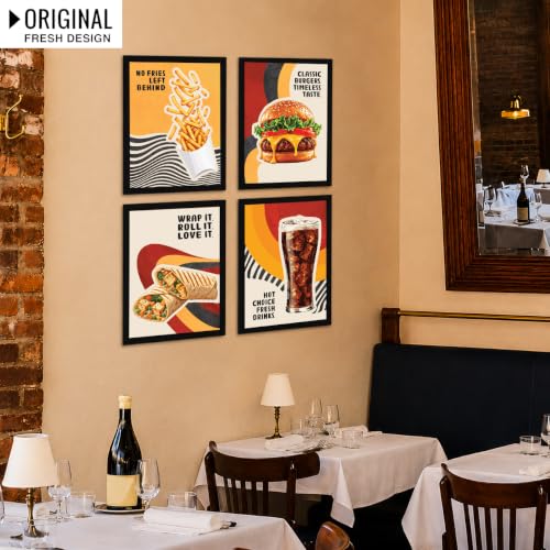 Image of Chaka Chaundh - Restaurant wall decoration items - unique Cafe quotes wall frames - funny Food walls frame - French fries frame art - Burger wall frame, Rolls and wraps wall frame, Cold Drink wall art. ( 14X11 inch. Set OF 4 )