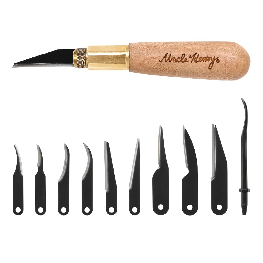 22UH Deluxe Wood Carving Kit with 10 Interchangeable High Carbon S.S. Blades, Secure 3-Way Brass Attachment System, Detail Knife Tool for Wood Carving, Marking, Whittling, and Woodworking