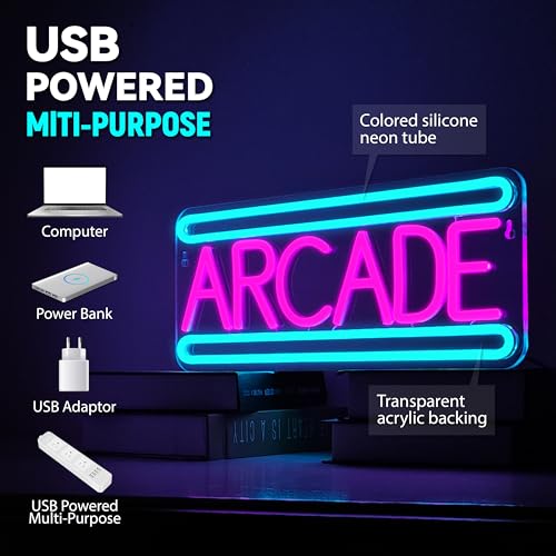Image of Arcade Neon Sign Arcade Neon Light for Wall Decor USB Powered Dimmable Arcade LED Neon Lights Sign for Game Room for Game Room Recreation Living Room Birthday Gift Man Cave Bedroom Decor