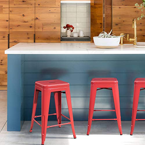 Image of Devoko Metal Bar Stools 24 inch Indoor Outdoor Stackable Barstools Modern Style Industrial Vintage Counter Bar Stools Set of 4 (24 inch, Red)