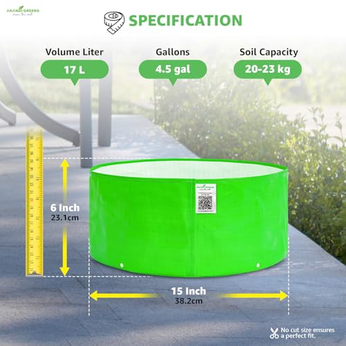 Image of Anandi Green's Premium HDPE Uv Protected 260 GSM Round Shaped Green Colour Plants Grow Bags Suitable for Terrace and Vegetable Gardening 15x6 Inch Pack of 4 Plant Bag