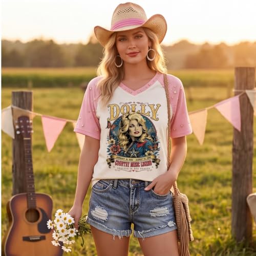 Pink Dolly Shirt for Women Butterfly Guitar V Neck Vintage Tee for Fans - image 7