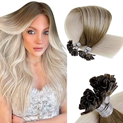 LaaVoo U Tip Extension Kératine Cheveux Naturel 35cm Pre-Bonded Extension Cheveux Humains Brun Clair Ombre à Blond Platine Extension Cheveux Naturel Kératine Extension A Chaud #8/59 50g/50s