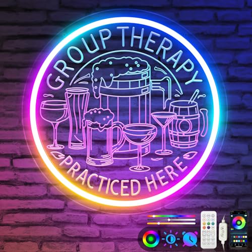 KiMineon Group Therapy Neon Bar Signs, Upgrade Smart RGB Multicolor Vintage Group Therapy Practiced Here Bar Light up Sign, 12V Led Sign for Men Dad, Club Pub Shop Cafe Man Cave Home Party Gift