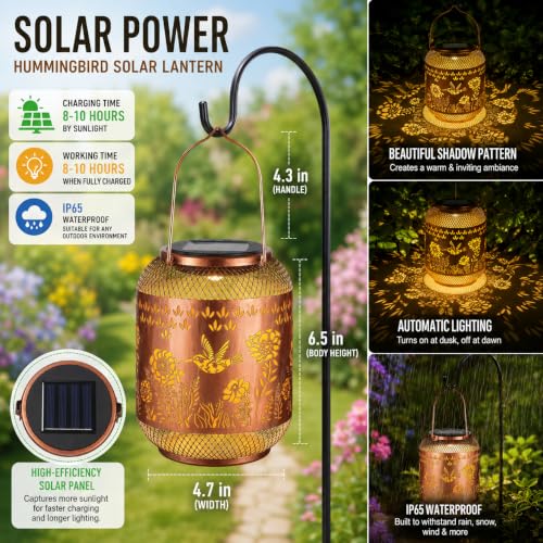 Image of Hummingbird Solar Lantern Outdoor Hanging Solar Garden Light Gifts for Mom Grandma Women,Waterproof Metal Decorative Lantern, Warm White Solar Lights for Patio Yard