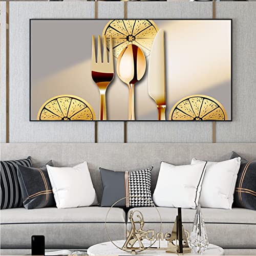 Affiches et impressions fourchette d'or peinture abstraite sur toile 70x140cm