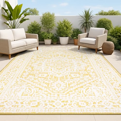 JONATHAN Y Medallion Weave Indoor Outdoor Area Rug 4X6 Yellow/Cream, Sinjuri Textured for Backyard, Patio, Porch, Easy-Cleaning, High Traffic, Pet-Friendly, Non-Shedding (SMB101I-4)