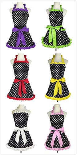 Hyzrz Cute Apron Retro Black Polka Dot Retro Ruffle Side Vintage Cooking Aprons With Pockets For Women Girls (Side Pink) #TOP6