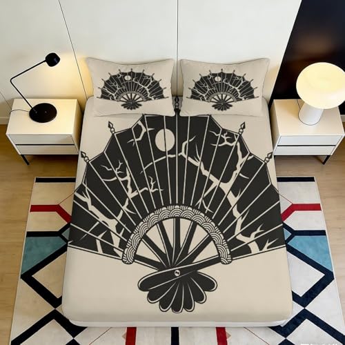 Sábana Bajera 3D Impresa Abanico Microfibra Antideslizante Ajustable Ropa de Cama Dormitorio Funda Colchón Abanico Bolsillo Profundo Lavable 140x200x25cm