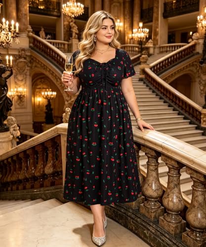 Image of CARCOS Plus Size Dresses for Curvy Women Tie Sweetheart Neck Summer Maxi Dress Short Sleeve Empire Waist Floral Boho Dress