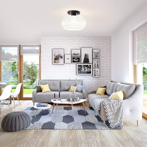 Image of Semi Flush Mount Ceiling Light, Milk Glass Shade Modern Ceiling Light Fixture, Vintage Black Lighting for Hallway Bedroom Entryway Kitchen Porch (Pack of 2)
