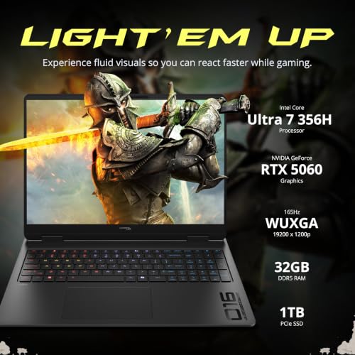 Image of HP HyperX OMEN 16 inch 165Hz WUXGA Gaming Laptop, Intel Core Ultra 7 356H, GeForce RTX 5060, 32GB DDR5, 2TB Storage(1TB SSD+1TB Docking Station), RGB Backlit Keyboard, Wi-Fi 7, Win 11, Shadow Black