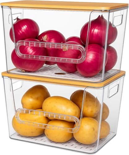 NITOOR 2 Set Pantry Organizers, Storage,Bamboo Lids with Removable Drain