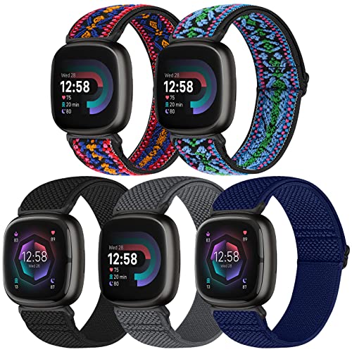 Bcuckood Compatible with Fitbit Versa 4/Versa 3/Sense 2/Sense Band Women Men 5 Pack Elastic Nylon Soft Adjustable Stretchy Solo Loop Replacement Strap for Women Men
