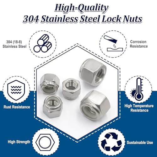 Zqz QLN-113 Pack Lock Nuts Assortment Kit,6#32 8#32 10#24 10#32 5/16"-18 3/8"-16 1/2"-13 1/4"-20 Sae Nylon Insert Hex Locknuts Sets,304 Stainless Steel Standard Inch Threaded Nylock Nuts thumb #3