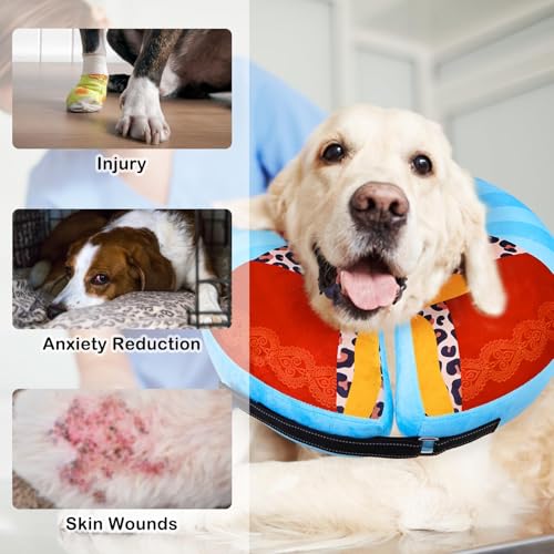 Image of SCENEREAL Dog Cone Alternative After Surgery Donut Collar, Soft Pet Recovery Pillow Collar for Medium Large Dogs, Inflatable Adjustable Neck Collars to Prevent Licking, King Print E-Collars XL