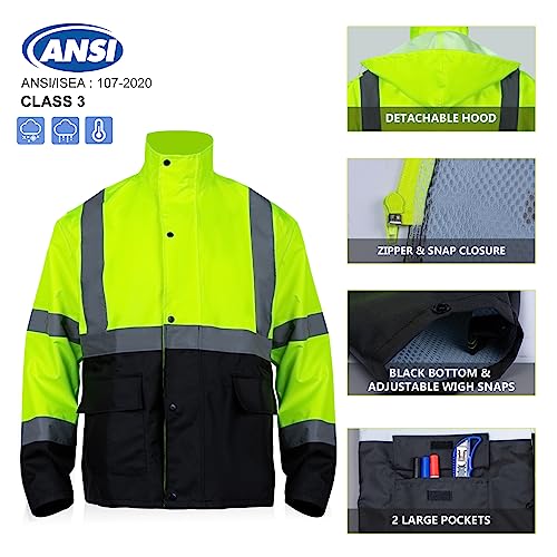 VENDACE Class 3 High Visibility Rain Suits,Rain Gear for Men Yellow/Lime Reflective Hi Vis Safety Rain Work Jacket,Pants Waterproof (L/XL) - Thumbnail 3