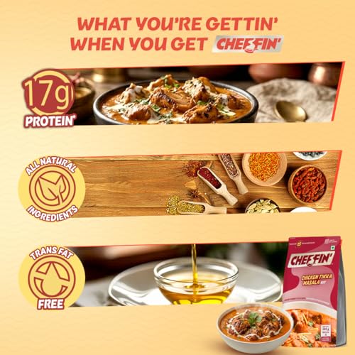 Image of Cheffin' Chicken Tikka Masala 285g | Ready to Cook in 10 mins | Serves 2-3 | Just add Fresh Chicken or Paneer | All Natural, No Preservatives | 3-Pouch Cooking Kit for Restaurant Style Taste at Home| Pack of 2