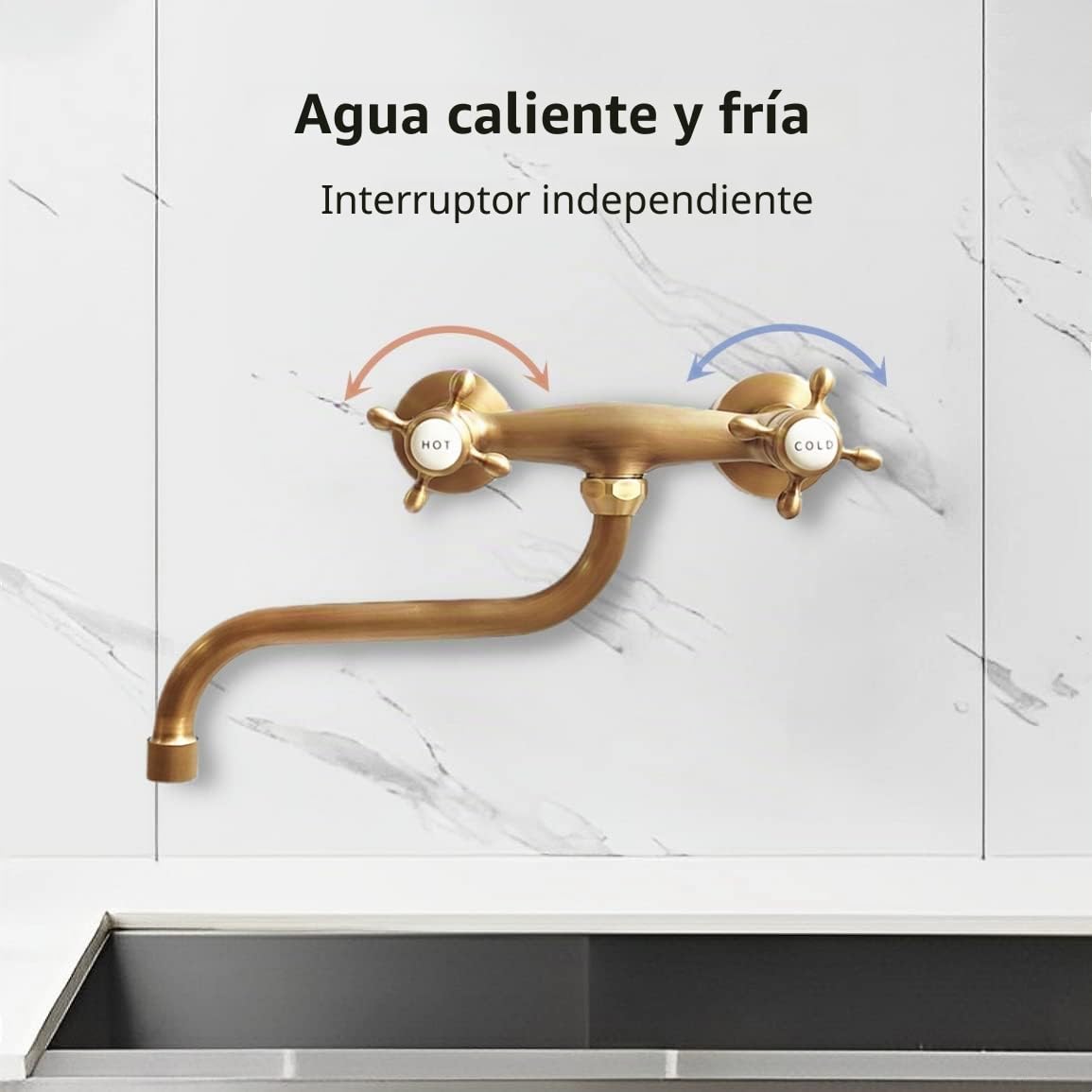 Grifo Mezclador de Cocina Mural Latón Antiguo Dos Manijas Cerámica