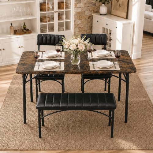 4 EVER WINNER Dining Table Set for 4 with Upholstered Seats, Rustic Brown