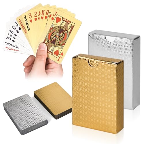 2 Decks Black Gold Standard Spielkarten, PVC Wasserdicht Pokerkarten Set, Wasserdichtes Kartendeck, Diamant Kunststoff Folie Poker Set für Texas Hold'em, Euchre, Canasta, Gin Rummy und Baccarat