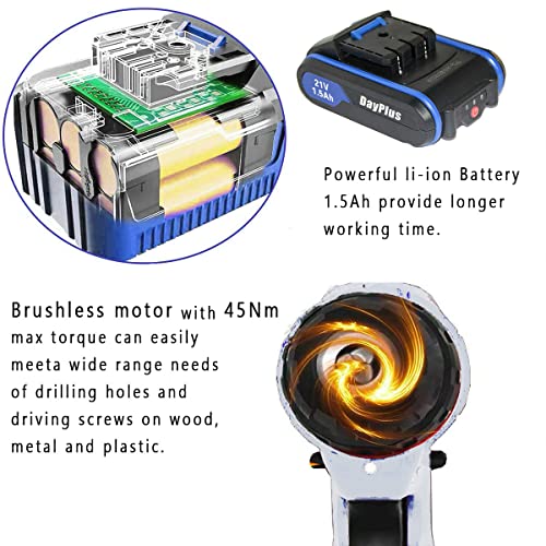 Akku Bohrschrauber Akku-Schlagbohrschrauber 21V, 45Nm Drehmoment, mit 1500mAh Akku, 18+1 Drehmomentstufen, 2 Gang, LED Licht, Bohrschrauber Schlagbohrer mit 1 Akku – Bild 6