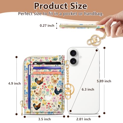 Image of GIANCOMICS Slim Wallet Credit Card Holder Women, Chicken Rooster Flower Rfid Small Card Case, Keychain Thin Pocket Curved Zipper Wallet, Travel Card Holder PU Leather ID Window, Ladies Female Gifts