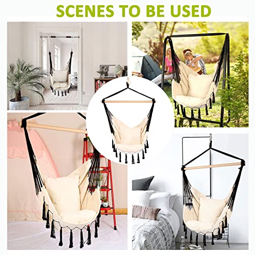 SRHWBF Hamaca Silla Colgante Cuerda Columpio 2 Cojines Incluidos Grande Macramé Silla Colgante para Comodidad Superior (Beige) - imagen 7
