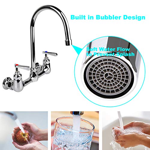 Kwode Wall Mount Faucet 8 Inch Center Commercial Kitchen Sink Faucet With 6" Gooseneck Swivel Spout 2 Handles Control Brass Contructed Chrome Finish #TOP3