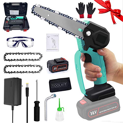 Mini motosierra eléctrica Sierra de cadena portátil de 135° que ahorra mano de obra Sierra de podar con batería recargable de 36V Mano 0.85kg Ligero para corte de madera de rama de árbol,green