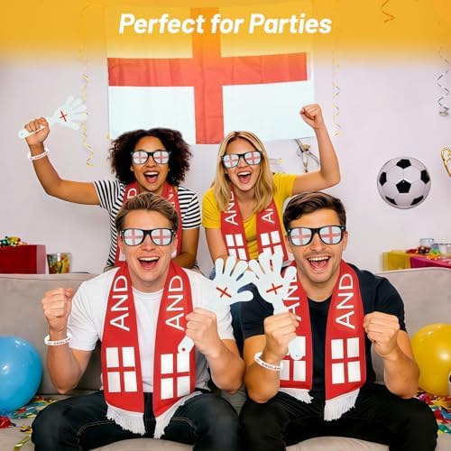 2026 World Cup England Fan Gear Set, 6PCS Soccer Party Supplies with England Flag, Scarf, Sunglasses, Face Paint, Clapper & Bracelet, Stadium Cheer Set for Game Day Decorations — view 2