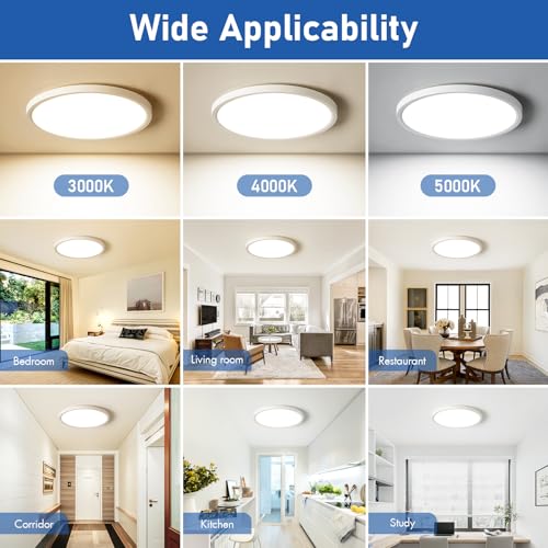 Image of 12 Inch Slim Dimmable LED Flush Mount Ceiling Light Fixtures, 24W 2640LM 3000K /4000K /5000K, Hardwired Led Lights for Bedroom Hallway Laundry Room Rental Units, 240W Equiv., White