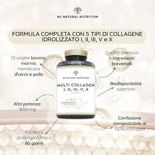 MULTI COLLAGENE Idrolizzato 1650mg. Peptidi di Collagene Marino e Bovino Tipo 1, 2, 3, 5, 10. Collagene Integratore per Articulazioni, Pelle e Ossa + Vitamina C. 180 Capsule. N2 Natural Nutrition