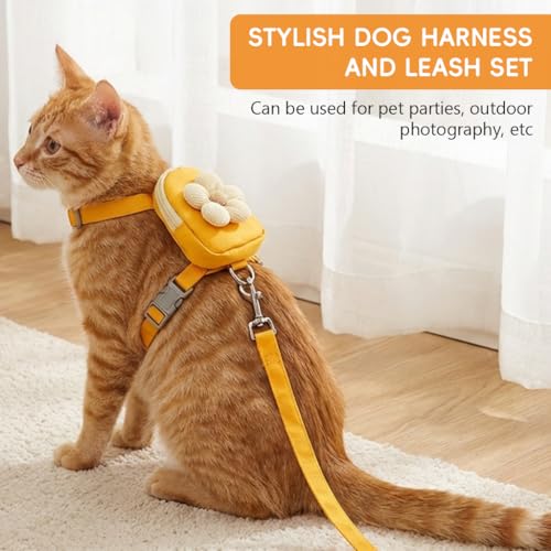 Image of Qpets Cat Harness with Leash, Adjustable Size Floral Flower Pet Belt Mini Zipper Pouch & Cute Yellow Flower Accent, for 4-10kg Small Dogs Cats (Yellow, (M, Chest 26-42cm, Neck 20-32cm)