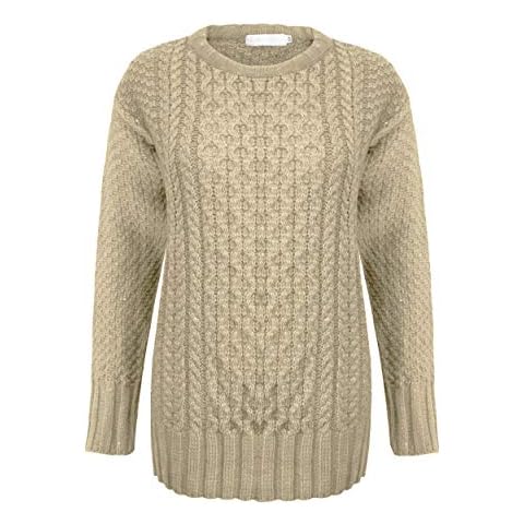 New Ladies Women Diamond Cable Knit Long Sleeve Knitted Crew Neck Jumper Sweater Pullover Top 8-30[Stone,16-18] Cover