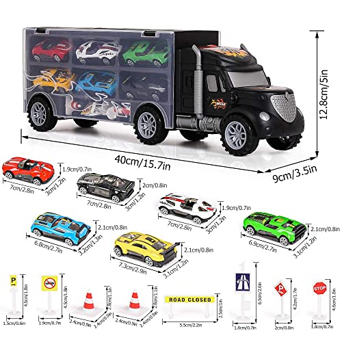 m zimoon Car Transporter Truck Toy Set with 6 Metal Cars & 8 Road Accessories, Push & Go Car Carrier with Storage and Carry Handle, Educational Birthday Gift for Boys and Girls Aged 3–6 - Image 3