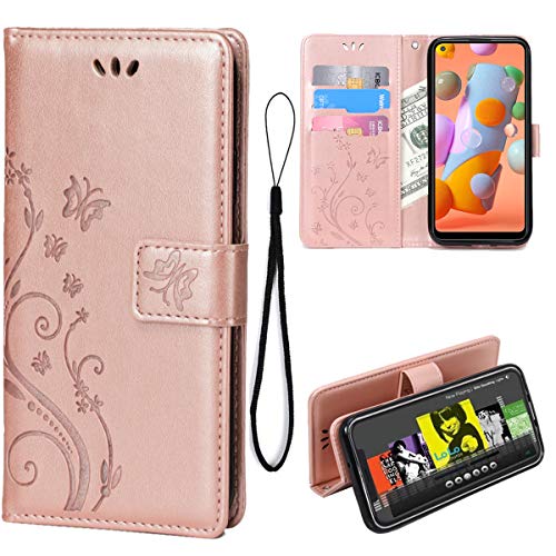 Teebo Wallet Case for Samsung Galaxy A11 Kickstand PU Leather Women Girl Embossed Butterfly Flower Case [3-Slots] Credit Cards with Wrist Strap Folio Flip Cover for Samsung Galaxy A11(Rose Gold)
