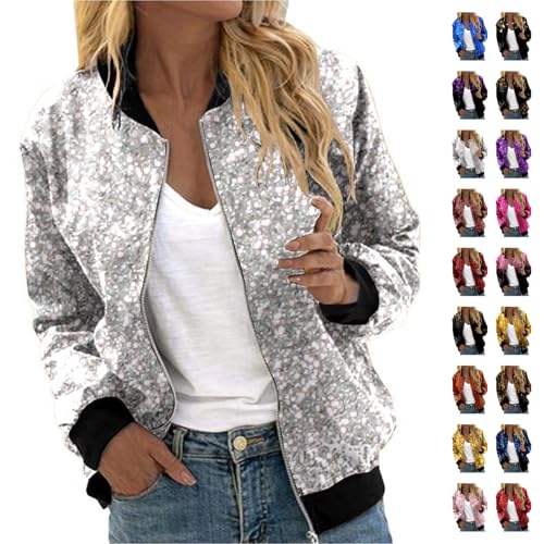 Chaqueta bomber brillante para mujer, chaqueta bomber de lentejuelas, chaqueta de lentejuelas, corte ajustado, manga larga, cremallera frontal, elegante, corta, chaqueta festiva, discoteca, fiesta