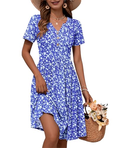 Image of WNEEDU Women V Neck Button Down Empire Waist Midi Summer Dress with Pockets