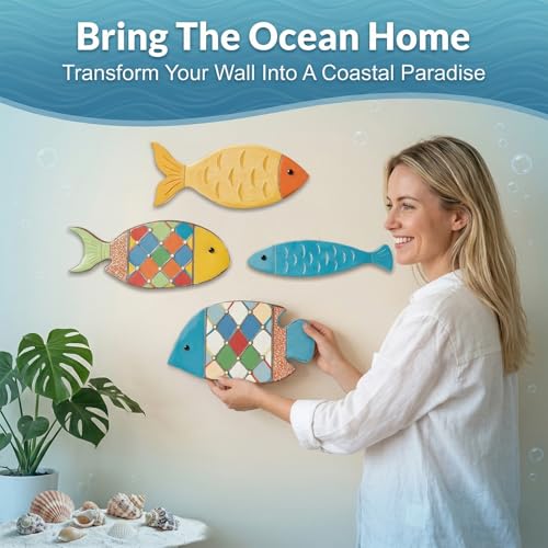 Miniatura 2 de Teozblu 4pcs Decoración De Pared De Peces De Madera,Arte De Pared,Decoración Para El Hogar,Adornos De Baño Adhesiva De Peces De Madera Estilo Playa,Decoración De Casa,Cuadros Decoracion Salon Modernos