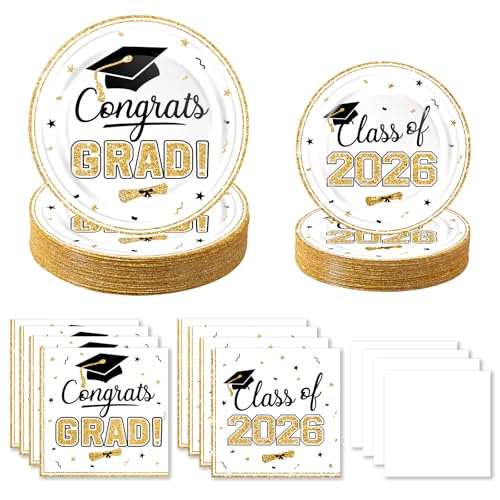 2026 Graduation Party Decorations Set - 200Pcs White Gold Class of 2026 Graduation Plates and Napkins Disposable Tableware for College High School Congrats Graduation Party Supplies Serves 50