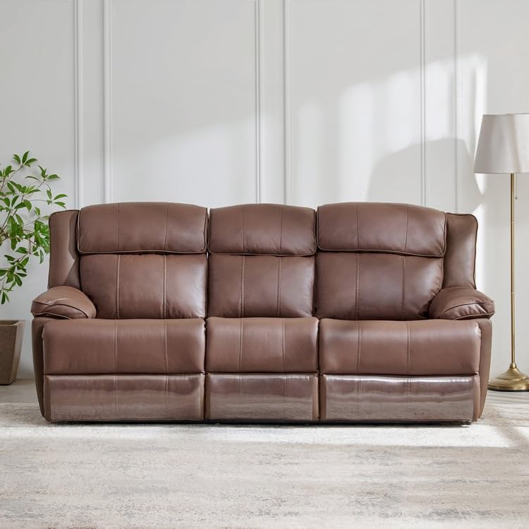 Image of Home Centre | Torino Half Leather 3-Seater Recliner Set | Recliner Sofa for Living Room | Solid Wood | Brown | 2 Year Warranty