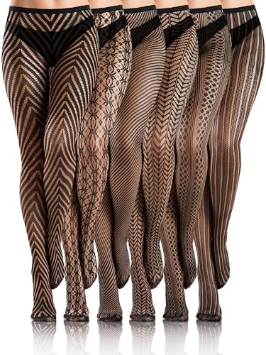 Ramede 6 Pairs Halloween Fishnet Stockings for Women Lace Tights Patterned Thigh High Floral Waist Goth Leggings Pantyhose