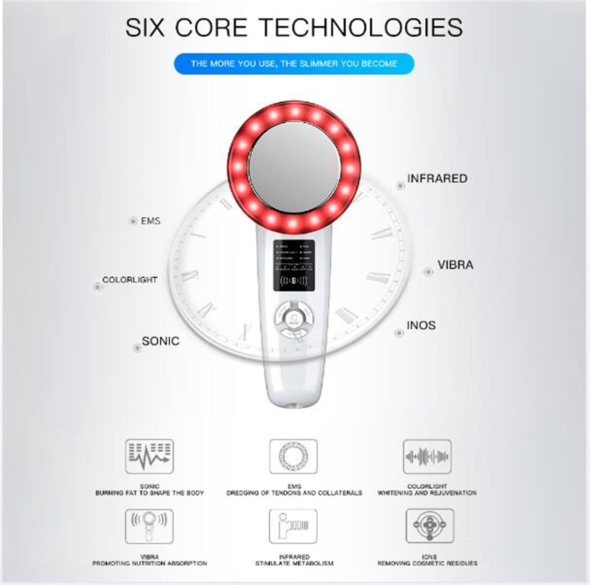 6 in 1 Massaggiatore Viso Corpo Ad Ultrasuoni, Cavitazione Ad Ultrasuoni EMS Macchina Dimagrante, Massaggiatore Corpo Cura Del Viso Terapia A Infrarossi LED