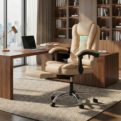 Image of Casa Copenhagen Italia Leatherette Office Chair for Work | Boss Chair, Ergonomic Executive, Luxurious Cushioned Arms & Seat, 2 Point Back Massager, Adjustable Leg Rest, Heavy Duty Metal Base (Beige)