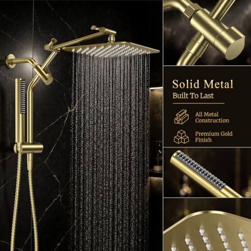 Image of Veken All Metal 10 inch Shower Head with Handheld, Luxurious Square Double Rain Shower Heads with Spray Combo, Dual High Pressure Detachable Rainfall Showerhead with Extension Arm, Long Hose,Brushed Gold