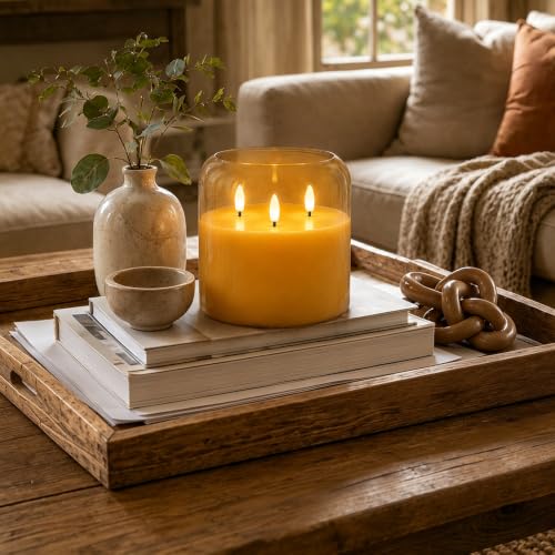 Image of Homemory 6 x 6 Inch Extra Large Flameless Candle, Rounded Rim Amber Glass 3-Wick LED Pillar Candle, Real Wax Battery Operated Candle with Remote Control and Timer for Home Decor