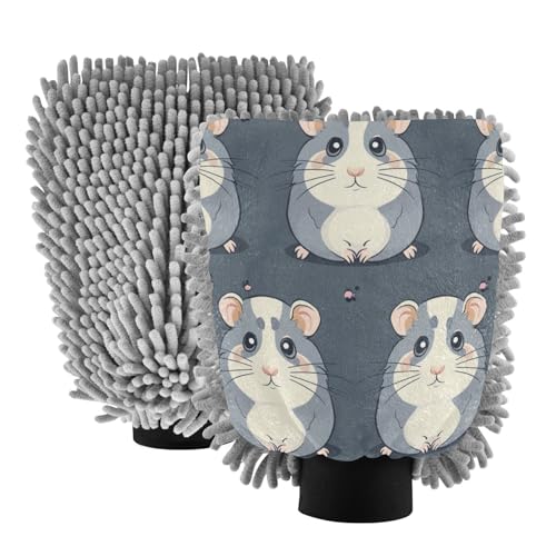 ALAZA Cute Hamster Kawaii Car Wash Mitt Scratch Free, 2 Pack Absorbent Microfiber/Chenille Washing & Drying Mitts, L