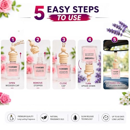 Image of 10 ML Premium Rose Lavender & Jasmine Pack of 3 Car Perfume Hanging Pod /Car Air Freshener /Car Perfume Luxury Natural Fragrance Oils in Glass Bottle with Wooden Diffuser Lid /Last Upto 60 Days