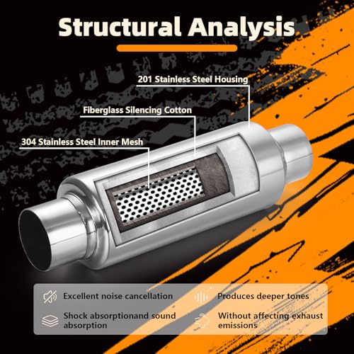 Image of A-KARCK 2.5 inch Inlet Exhaust Resonator, 2.5 inch Inlet 2.5 inch Outlet 16 inch Overall Length Muffler Resonator Stainless Steel,Polished